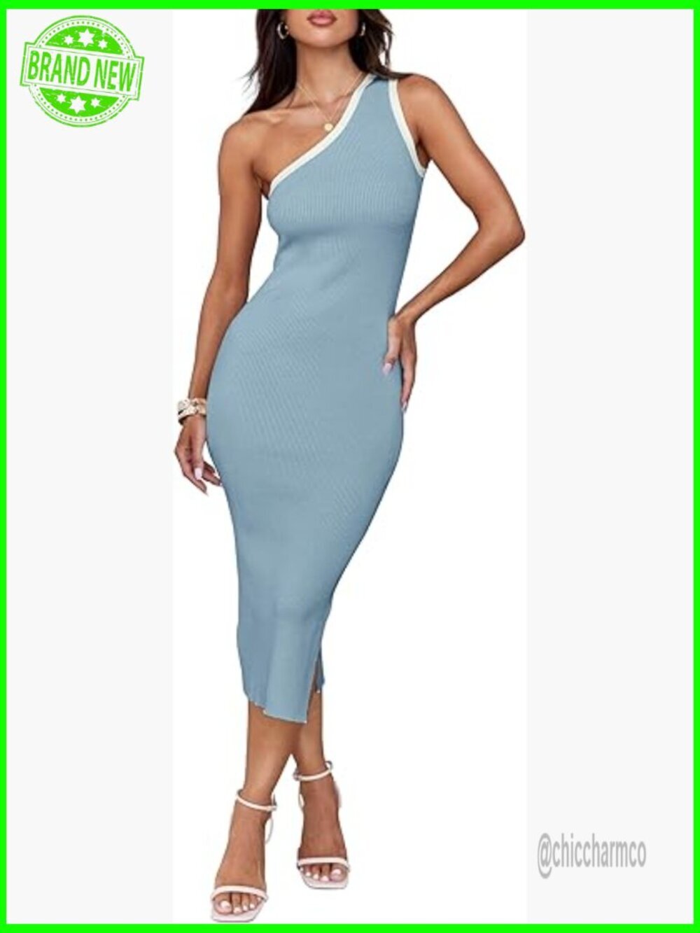 One Shoulder Bodycon Midi Dress Sleeveless Knit Summer Vacation
